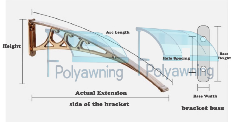 Technical drawing of the aluminum awning bracket with labeled dimensions and specifications including arc length, hole spacing, and model data.