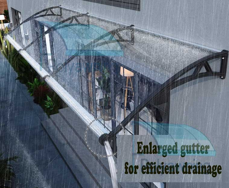 Image showing upgraded plastic awning with large gutter design, effective rainwater drainage, and strong load-bearing support.
